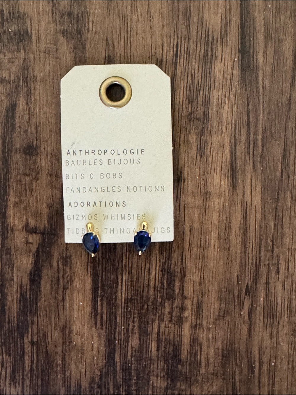 Anthropologie Gold Plated Teardrop Crystal Sapphire Blue Stud Earring - Picture 4 of 14
